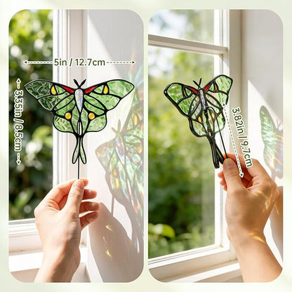 Luna Moth Sun Catcher Stained Glass - IDEA SHOW Handmade Real Glass Suncatcher Ornaments, Elegant Green Butterfly Memorial Gifts Design for Indoor and Outdoor Plant Decoration, Plant Lovers Gifts