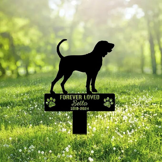 Custom Bluetick Coonhound Dog Metal Memorial Garden Stake Personalized Pet Grave Marker Name Sign Remembrance Stake Decor Sympathy Dog Loss,Outdoor Statues for Yard Garden Lawn Patio Pathway Grave.