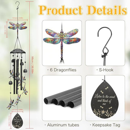 Dragonfly Wind Chimes Outdoor Durable Black Metal Windchimes Garden Patio Decor Dragonfly Gifts for Women/Men, Garden/Yard Decor, Memorial/Birthday Gifts for Grandma/Mom, Chimes for Outside