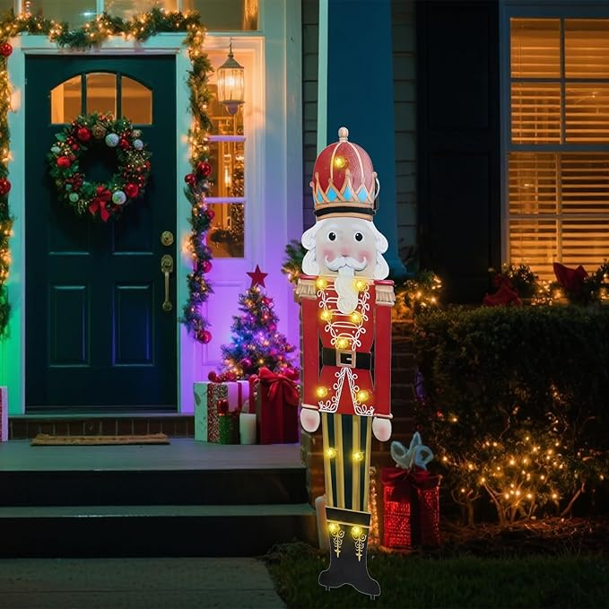WONDER GARDEN Christmas Metal Yard Stakes, Lighted Nutcracker Soldier Garden Stake Yard Signs, Outdoor Christmas Decorations for Lawn Party Outside Decor