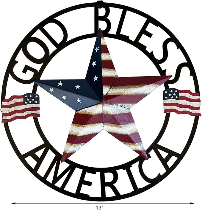 Metal Hanging Rustic Star Welcome Door Wreath,13''x13'',Vintage American Flag Patriotic Decor 4th of July Front Door Wreaths Hanger Garden Welcome Sign Indoor Outdoor Decorations for All Seasons