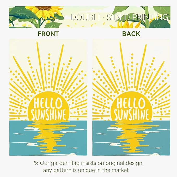 Hello Sunshine Summer Garden Flag Boho Sunset Over Sea Yard Flags Vertical Yard Decorations Outdoor Flag Farmhouse Porch Lawn Patio for Outside 12x18 Double Sided