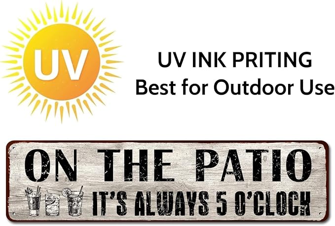 Patio Wall Decor, Tin Plaque Sign for Home, Bar, Pub, Porch, Outdoor Living, 4x16 Inches - On The Patio It's Always 5 O'Clock