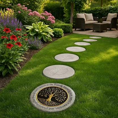 VEOJEIN Family Tree Garden Stepping Stone, 9.45 Inch Round, Gold Tree of Life Design, Weather-Resistant Outdoor Decor