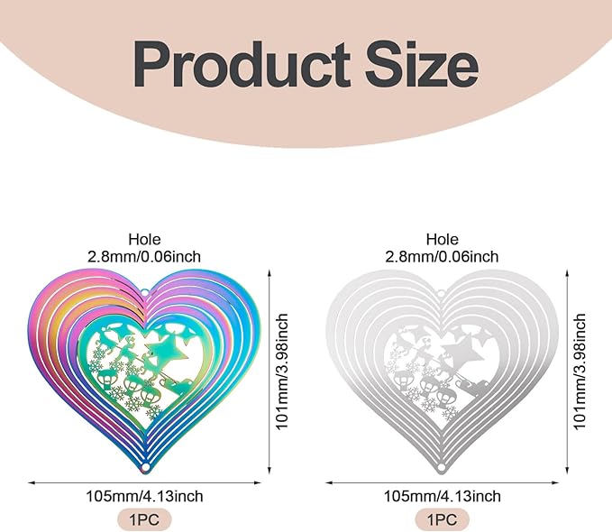 Heart Wind Spinners Outdoor 3D Gradient Twisted Wind Chimes Stainless Steel Etched Metal Embellishments for Christmas Outside Hanging Decor Yarn Home Party Decor 2Pcs