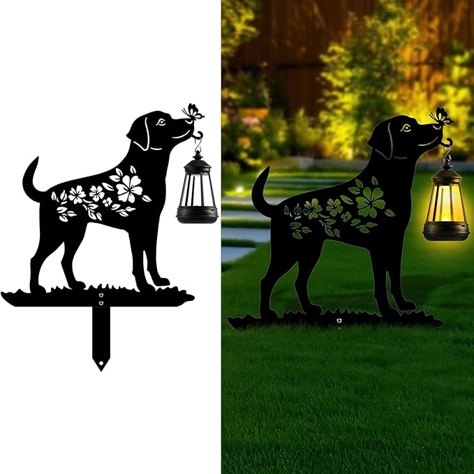 Tfro & Cile Dog Solar Light Outdoor Garden Lantern Stake Decorative Black Ornament with Butterfly Silhouette Decoration for Yard Lawn Patio