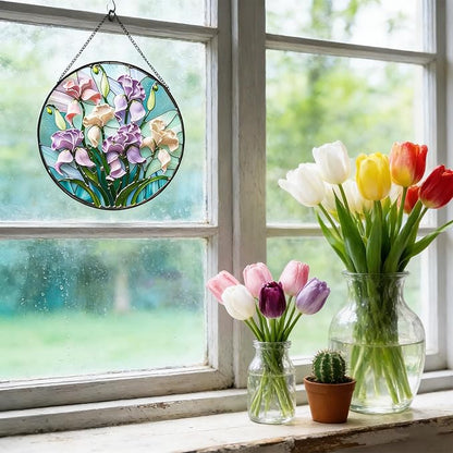 7.87" Iris Flower Stained Glass Window Hanging -Sun Catcher for Door Terrace Garden Home Decor, Green Plants Suncatcher Birthday Gifts for Mother's Day Teacher Dad Mom Nana