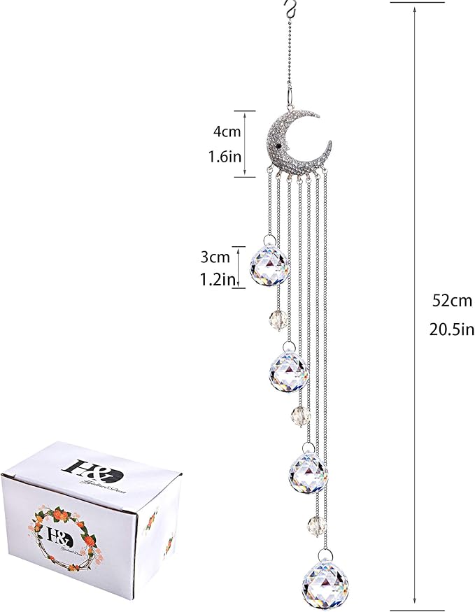 20.5inch Hanging Clear Crystal Suncatcher Ornaments with Moon Decor Rainbow Maker Crystal Beads Ball Prisms Ornament for Christmas Tree