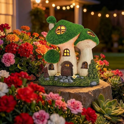 TERESA'S COLLECTIONS Garden Decor, Mushroom Fairy Garden House,Fairy House Decor, Waterproof Resin with Solar Lights, Garden Decor, Garden Gifts for Mom,Indoor/Outdoor,6.7"