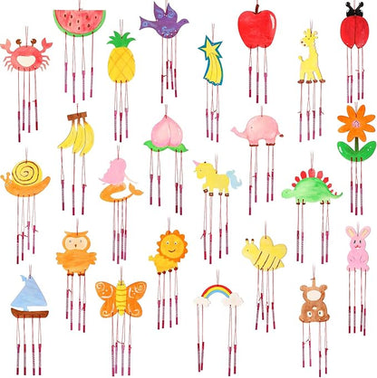 Tuanse 24 Pcs Wind Chime Kit for Kids DIY Wooden Animal Fruit Wind Chimes Crafts for Outside Spring Girls Boys Christmas Home Classroom Activity Garden Summer Decoration,Party Gift(Cute)