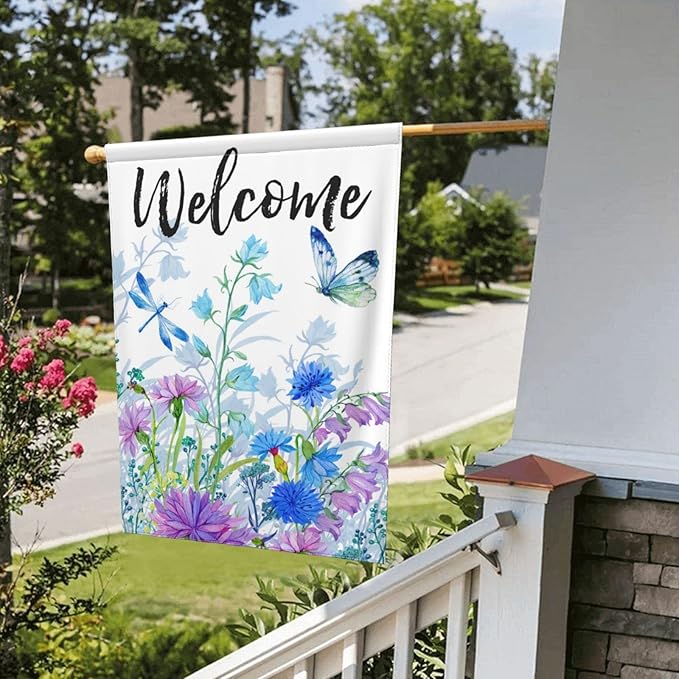 Spring Summer Garden Flag with Welcome Quote Blue Flower Butterfly Dragonfly Mini Yard Flag Double-Sided Garden Flags Rustic Farmhouse Sign for Home Garden Outdoor Decoration, 12.5 X 18 Inch