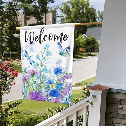 Spring Summer Garden Flag with Welcome Quote Blue Flower Butterfly Dragonfly Mini Yard Flag Double-Sided Garden Flags Rustic Farmhouse Sign for Home Garden Outdoor Decoration, 12.5 X 18 Inch