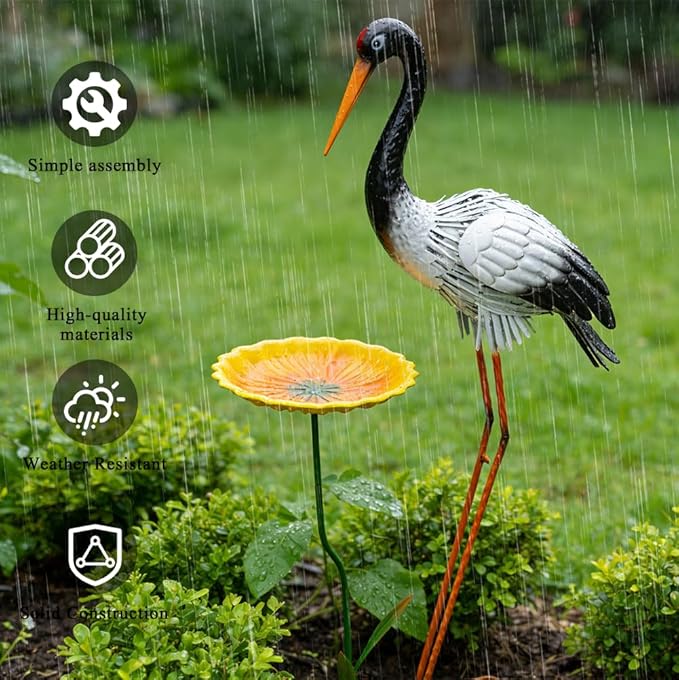 38" Metal Crane Garden Statue with Bird Bath, Large Outdoor Heron Sculpture,Rust-Proof Garden Sculptures & Statues,Yard Art for Patio & Backyard