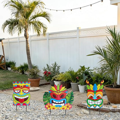 hogardeck Luau Party Decorations, Metal 3 Stacked Tiki Decorative Garden Stakes for Luau Outdoor, Hawaiian Party Decorations Tiki Yard Signs for Tropical Outdoor Garden Lawn