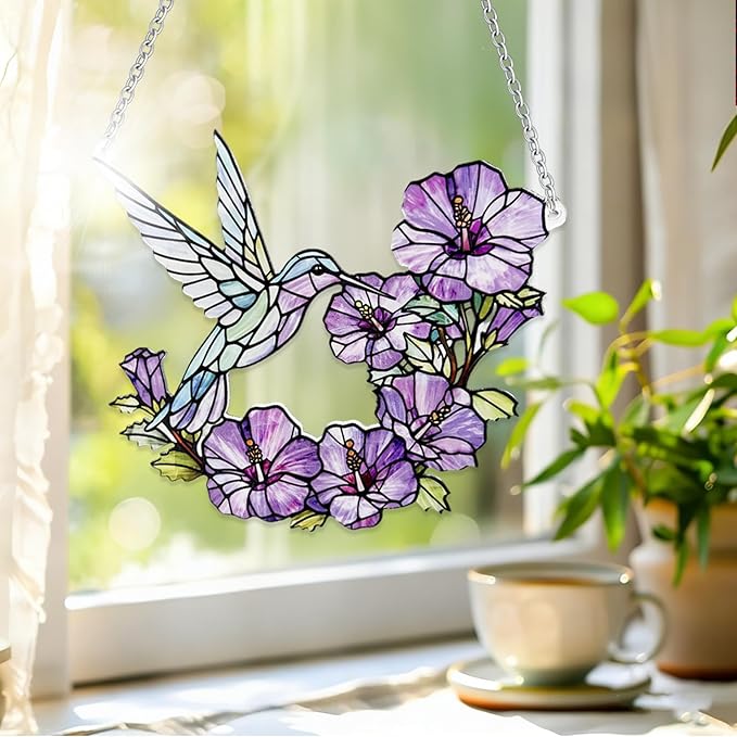 Stained Glass Sun Catchers Indoor Window, 8 in Hummingbird Suncatchers for Windows Hanging, Mother's Day Birthday Gifts for Women Men Mom Nana