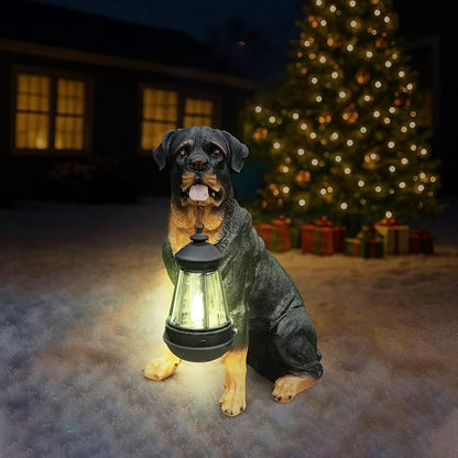 Outdoor rottweiler Dog Statue with Interchangeable Welcome sign and Detachable Solar Lantern –LED Light Garden Dog Sculpture Décor Garden Statue Outdoor dog statue Cute Puppy for Yard Porch Gift