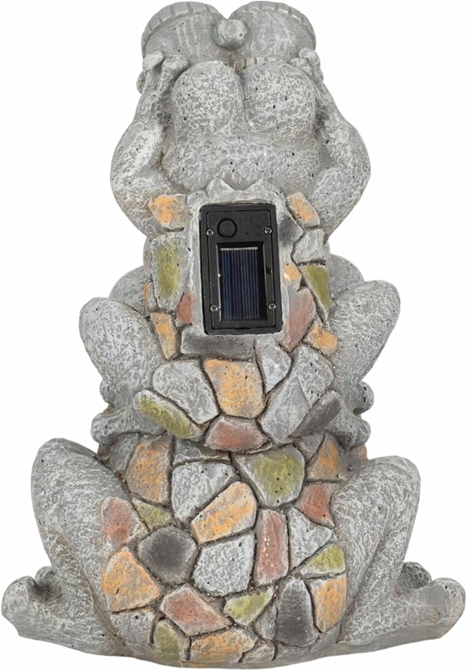 Frogs Piggy Back Ride with Solar Eyes Statue for Garden Decor - Stone Like Figurine for Front Porch, Outdoor Garden, Patio, and Yard Decor - Sculptural Yard Art for Entryway - 14", Gray & Yellow