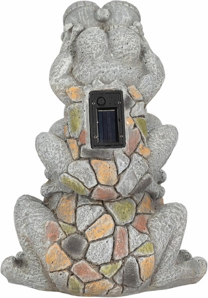 Frogs Piggy Back Ride with Solar Eyes Statue for Garden Decor - Stone Like Figurine for Front Porch, Outdoor Garden, Patio, and Yard Decor - Sculptural Yard Art for Entryway - 14", Gray & Yellow