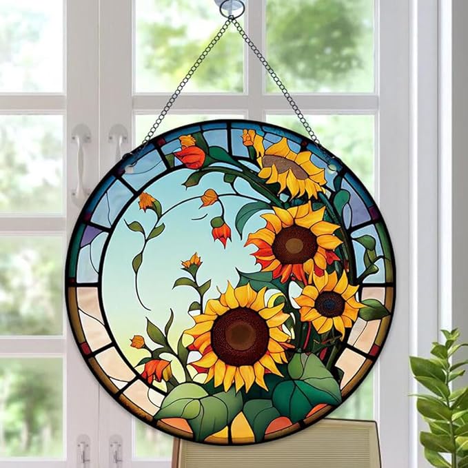 5.9'' Sunflower Acrylic Window Hanging, Flower Wall Art Decor Stained Panel Hangings Window Decor Gift for Daughter,Mom,Grandma (Style A)