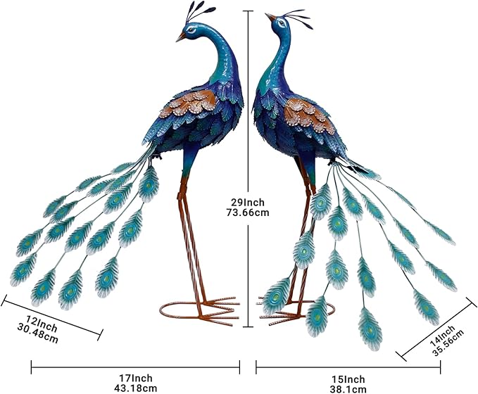 29 Inch Metal Peacock Decor, Outdoor Peacock Statues Yard Art, Garden Statues for Patio Yard Lawn Home Backyard Decorations, Set of 2