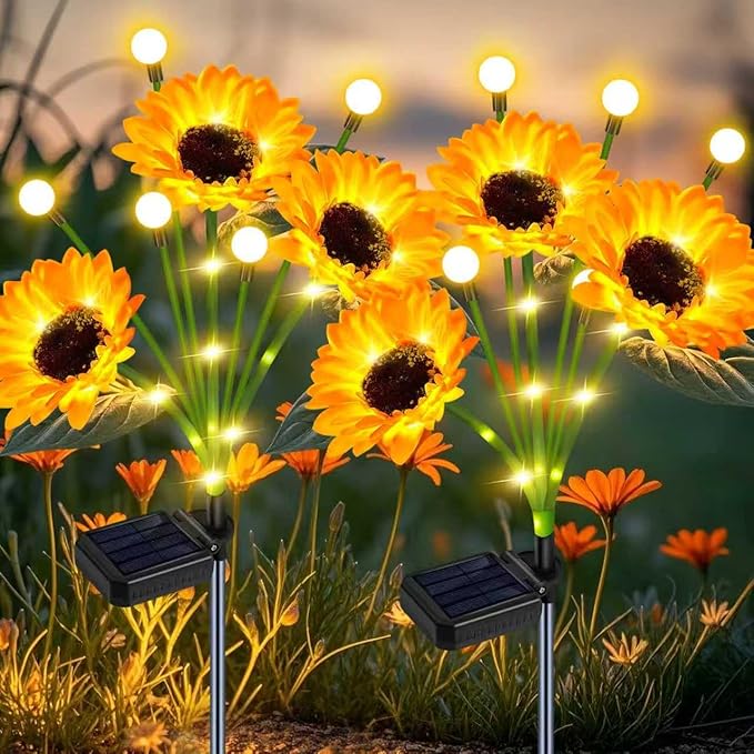 Solar Sunflower Lights 2 Pack Waterproof LED Firefly Garden Decor for Mom Grandma