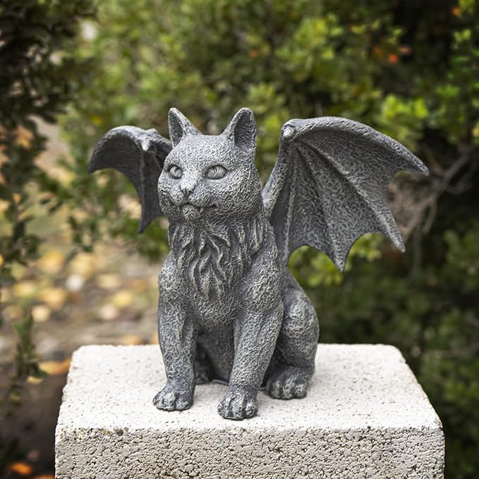 6.75” Faux Stone Gothic Winged Gargoyle Cat Fantasy Garden Charcoal Grey Textured Statue