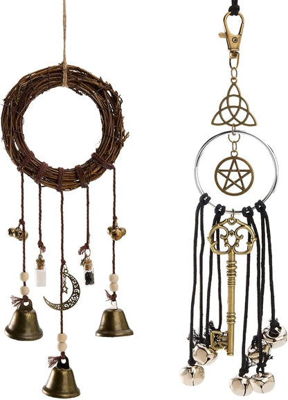 2 Pieces Witch Bells for Door Knob, Witch Wind Chimes Hanger Protection, Witchcraft Supplies Witchy Things, Magic Witching Bell Wreath Decor for Home Door Room (Black-New)