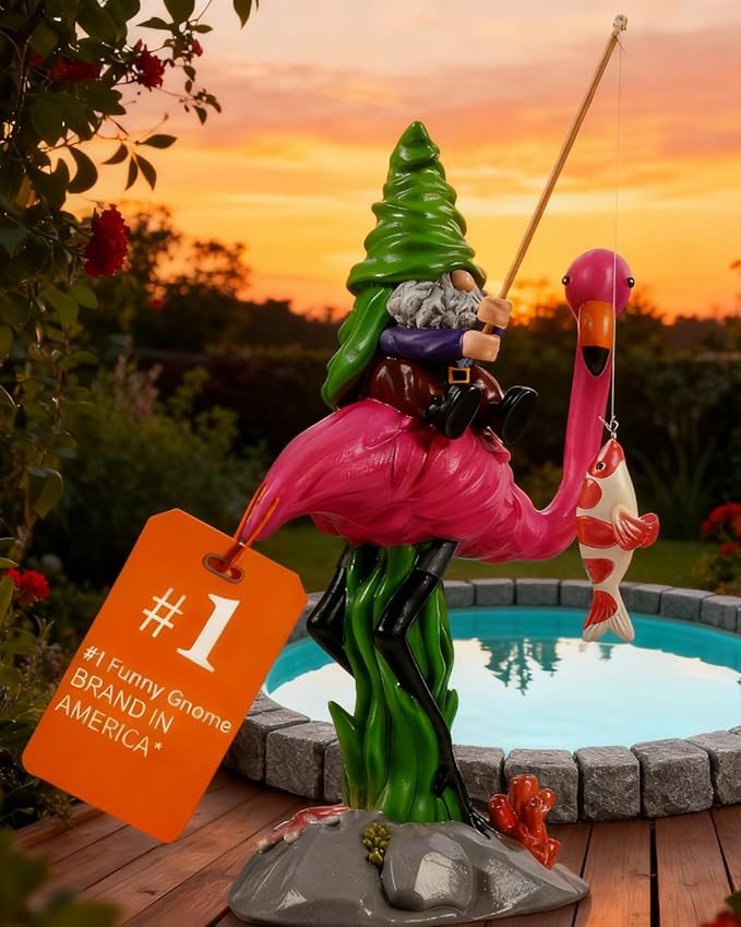 Garden Gnomes Outdoor Decor,Outdoor Statues,Funny Gnome on Flamingo with Fish on Fishing Rod,Large Decorations for Yard,Ideal Gifts for Women,Garden Gnomes Outdoor