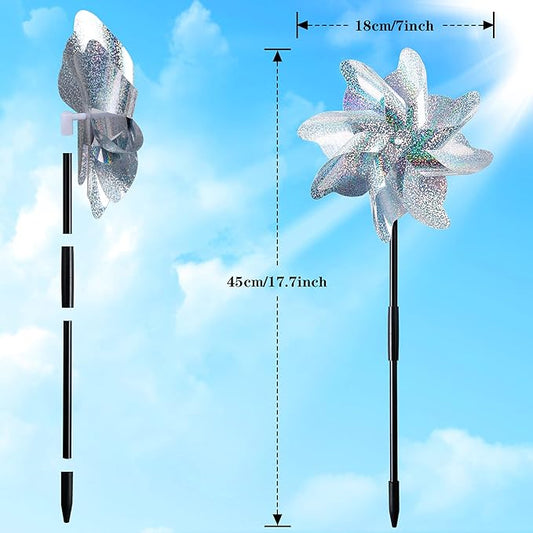 NOVWANG 6 PCS Reflective Pinwheels with Stakes, Extra Sparkly Pin Wheel for Garden Yard Decor, Bird and Animal Deterrent Device to Scare Birds Away from Patio Farm