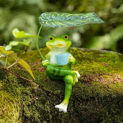 Adorable Animal Garden Statue with Umbrella - Charming Outdoor Decor for Yard, Patio, or Garden (Frog Drink Coffee)