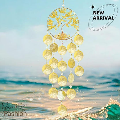 Gold Crystal Tree of Life Dream Catcher Suncatcher Capiz Shell Wind Chime Seashell Ceiling Cottage Core Decor Unique Indoor Outdoor Handmade for Women