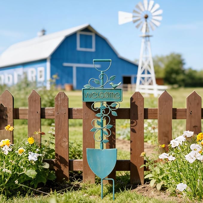 Metal Garden Art,Garden Stakes Decorative,Outdoor Welcome Stake with Shovel Design for Farmhouse, Garden Entrance, Lawn Decor