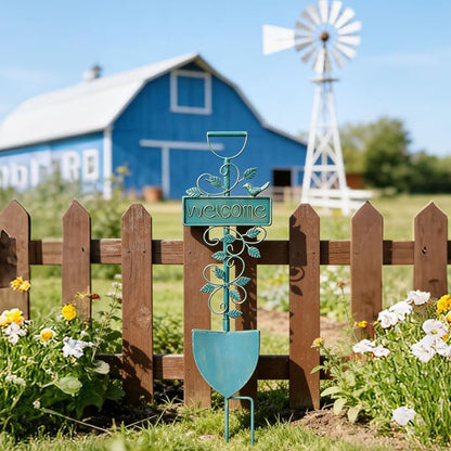 Metal Garden Art,Garden Stakes Decorative,Outdoor Welcome Stake with Shovel Design for Farmhouse, Garden Entrance, Lawn Decor