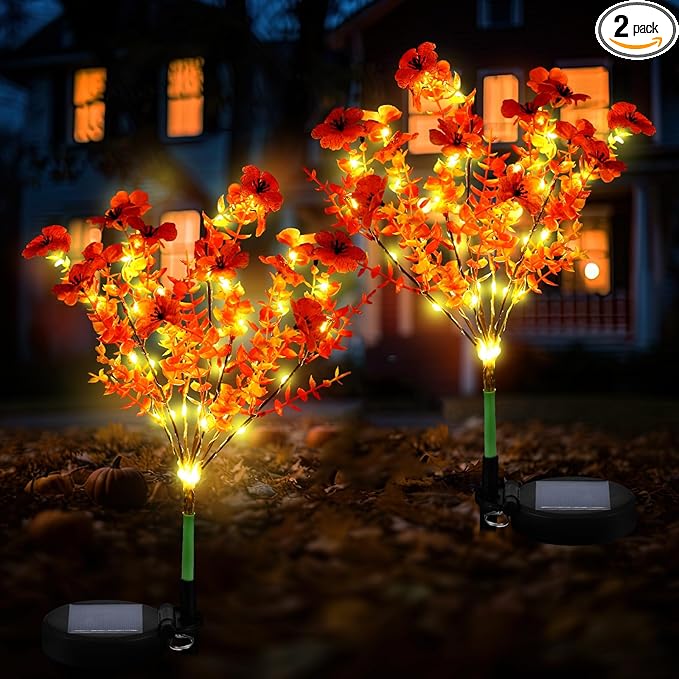 Glooglitter 2 Pack Solar Stake Lights Outdoor Decor Waterproof Mums Artificial Flowers Solar Lights for Outdoor Garden Yard Pathway Decor (Orange,Violet)