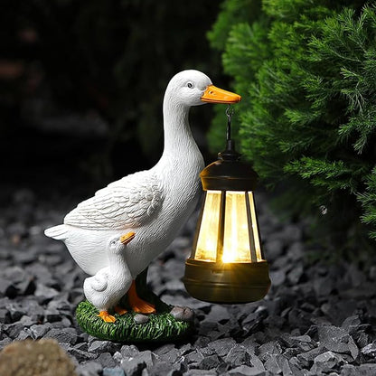 VEEKI Garden Statue Outdoor, Cute Goose Statue Figurine Lights with Solar Lantern Outdoor Waterproof, Resin Outdoor Decor Sculpture for Yard Porch Patio Lawn, Unique Gifts for Mom Grandma Women