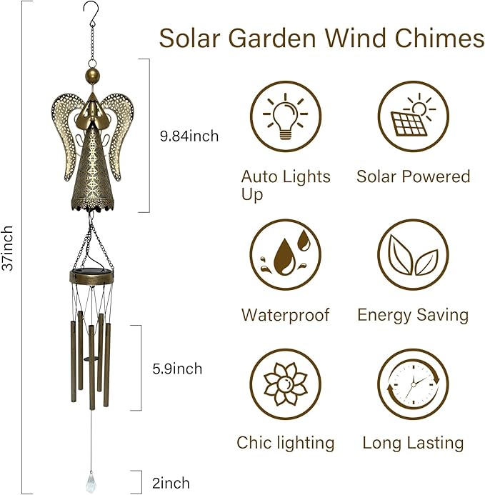 Solar Angel Wind Chime - 36.6" Retro Angel LED Wind Chimes, Metal Solar Fairy Wind Chimes Hanging Lights, Fairy Gifts for Home, Outdoor, Yard, Patio, Garden Decor