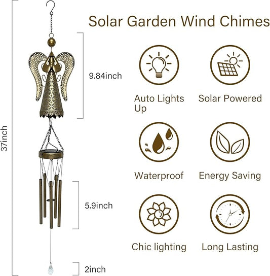 Solar Angel Wind Chime - 36.6" Retro Angel LED Wind Chimes, Metal Solar Fairy Wind Chimes Hanging Lights, Fairy Gifts for Home, Outdoor, Yard, Patio, Garden Decor