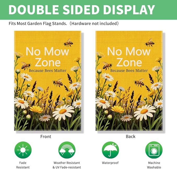 Perfectinsoy No Mow Zone Because Bees Matter Garden Flag, No Mow Sign, Pollinator Garden Sign, Welcome Yard Backyard Porch Patio Lawn Farmhouse Bee Spring Outdoors Decor, Bee Lover Gifts for Gardeners