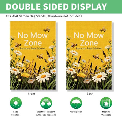 Perfectinsoy No Mow Zone Because Bees Matter Garden Flag, No Mow Sign, Pollinator Garden Sign, Welcome Yard Backyard Porch Patio Lawn Farmhouse Bee Spring Outdoors Decor, Bee Lover Gifts for Gardeners