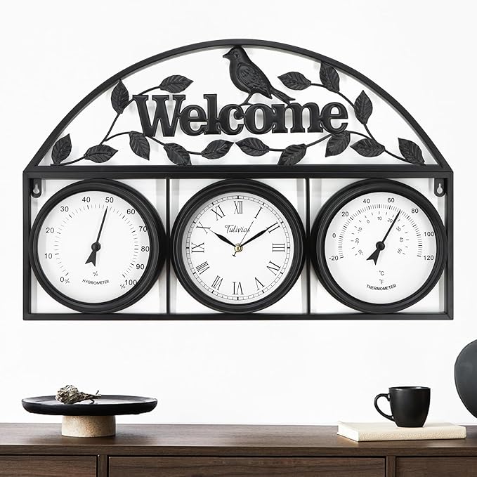 26Inch Large Outdoor Clock,Waterproof Wall Clock with Thermometer and Hygrometer Combo,Weatherproof Non-Ticking Battery Operated Decor Clock for Patio,Garden,Pool,Porch,House Warming Gifts