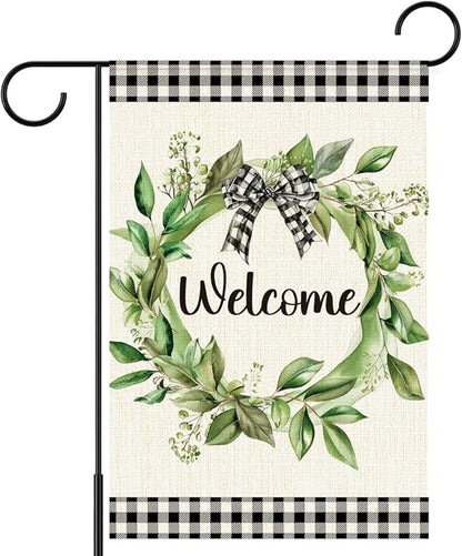Welcome Spring Summer Garden Flags, Eucalyptus Wreath Outdoor Flags for Garden, Spring Summer Flowers Buffalo Plaid Farmhouse Yard Lawn Porch Flag for Outside Decor 12x18 Inch Double Sided