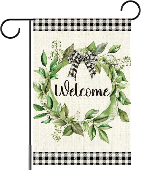 Welcome Spring Summer Garden Flags, Eucalyptus Wreath Outdoor Flags for Garden, Spring Summer Flowers Buffalo Plaid Farmhouse Yard Lawn Porch Flag for Outside Decor 12x18 Inch Double Sided