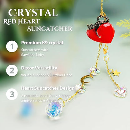 H&D HYALINE & DORA Crystal Red Heart with Cat Suncatcher Window Hanging Ornament Rainbow Maker Sun Catchers Gift for Women, Pet Lovers