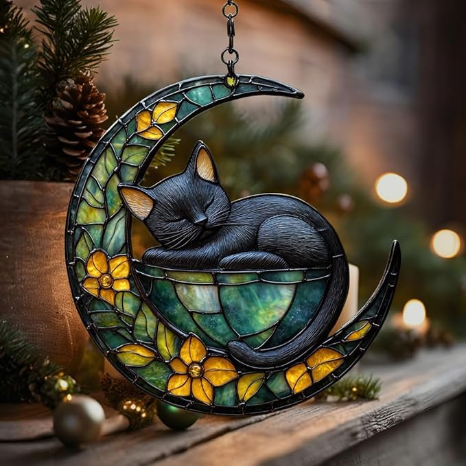 Earthy Tiffany Moon Cat Art Acrylic Suncatcher Stained Glass Effect Window Car Hanging Christmas Ornament Indoor Outdoor Decor Garden Sun Catcher Panel for Fairy Lover for Women Mom Grandma