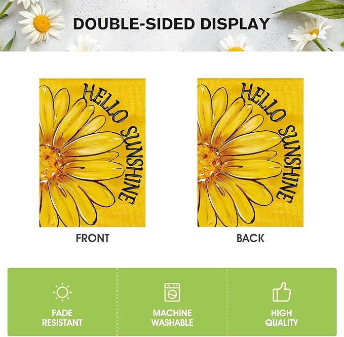 AVOIN colorlife Hello Sunshine House Flag 28x40 Inch Double Sided Outside, Summer Spring Floral Daisy Yard Outdoor Flag Yellow