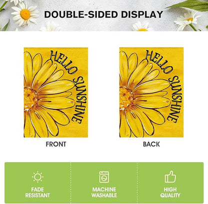 AVOIN colorlife Hello Sunshine House Flag 28x40 Inch Double Sided Outside, Summer Spring Floral Daisy Yard Outdoor Flag Yellow