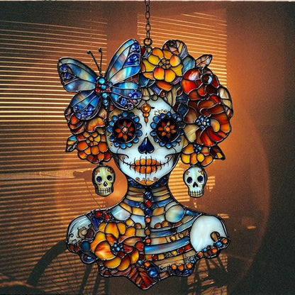 Floral Skeleton Acrylic Suncatcher Stained Glass Effect Window Car Hanging Christmas Ornament Indoor Outdoor Decor Garden Sun Catcher Panel for Sugar Skull Lover for Women Mom Grandma