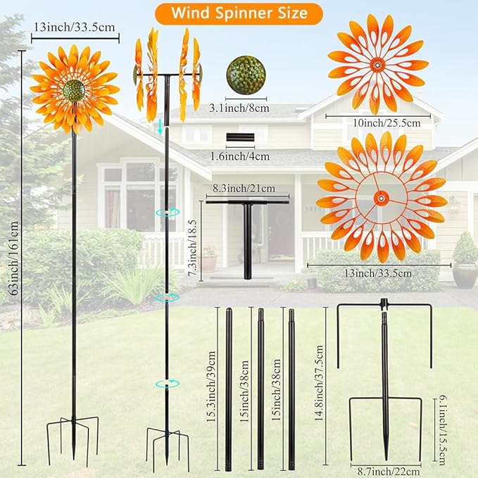 VEWOGARDEN Sunflower Wind Spinner with 4 Blades, Metal Kinetic Wind Spinners Outdoor for Yard, Garden, Lawn Decorations