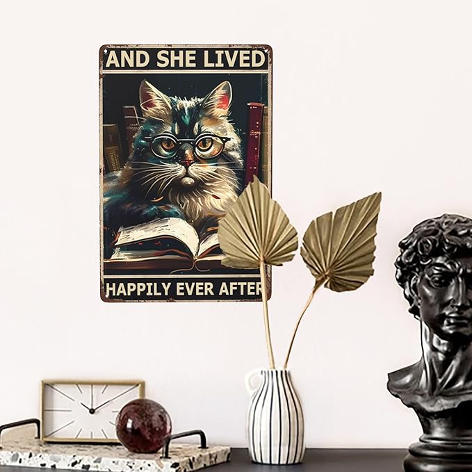 Vintage Metal & Tin Signs for Retro Boho, Hippie & Library Decor with Cat, Glasses & Garden Plaques - Perfect Wall Art for Home Office, Bathroom or Yard - 12x8 Chalkboard Style Prints