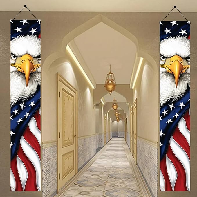 Patriotic Eagle Porch Banners 71x12 Inch American Flag Independence Day Outdoor Decorations Bald Eagle Hanging Porch Signs 4th of July Memorial Day Veterans Day Home Decor